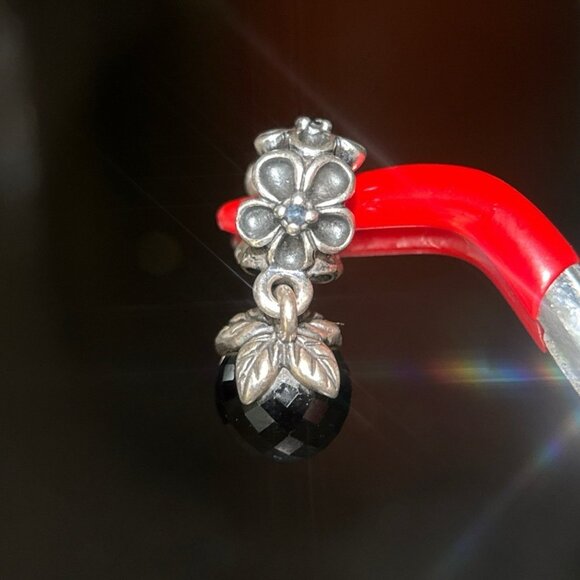 Pandora Flower Onyx Dangle Charm - Rare - Picture 4 of 5